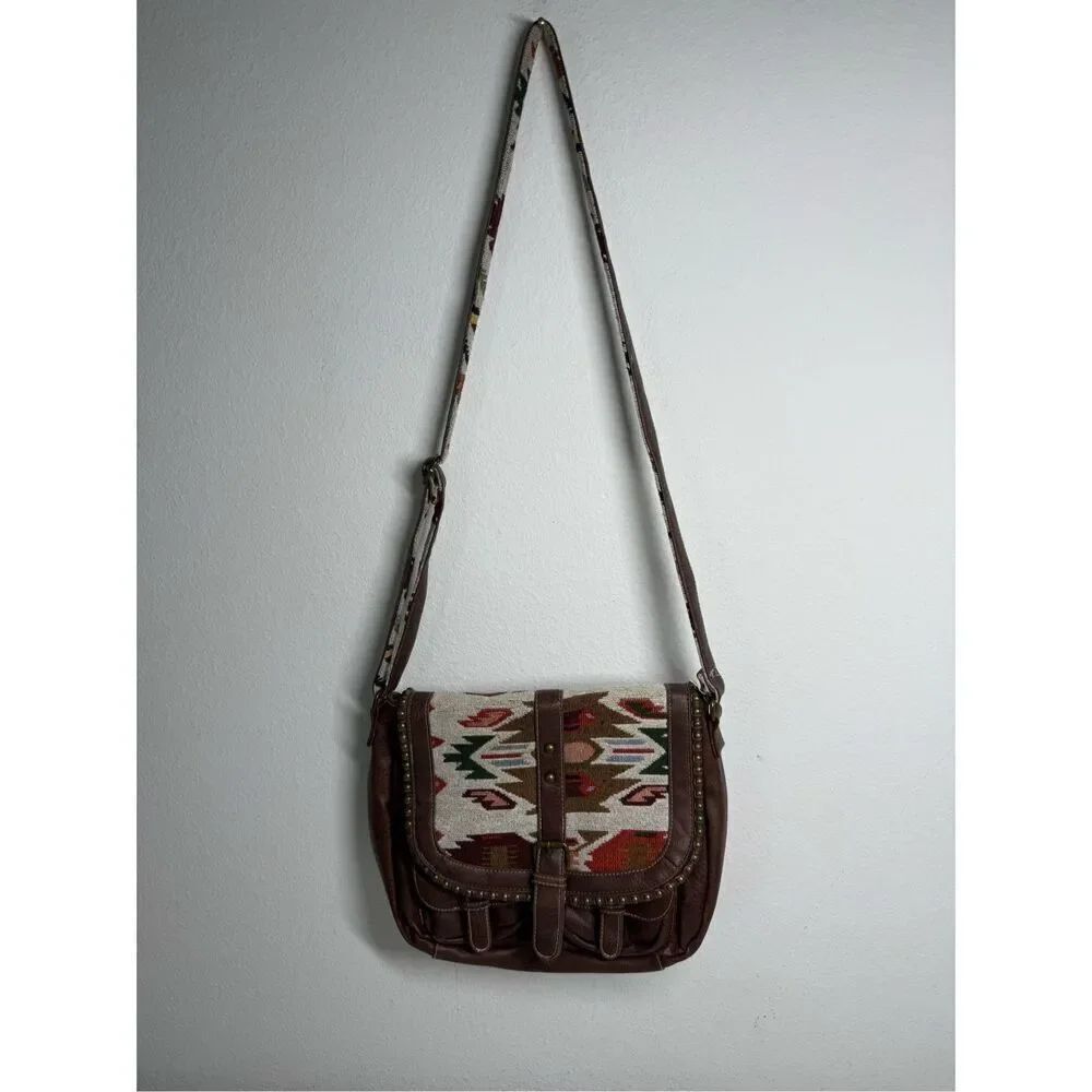 Rare Brown Red Aztec Print Fabric Faux Leather Crossbody Purse Metal Trim